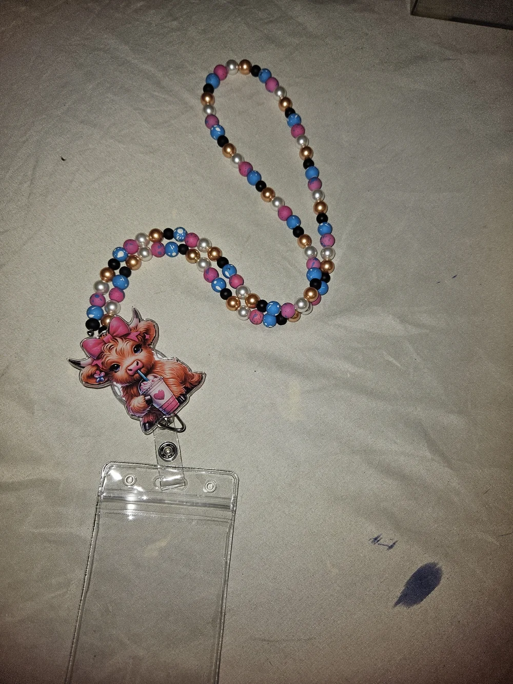 Cute Pink & Blue Beaded ID Badge Holder with Character Charm